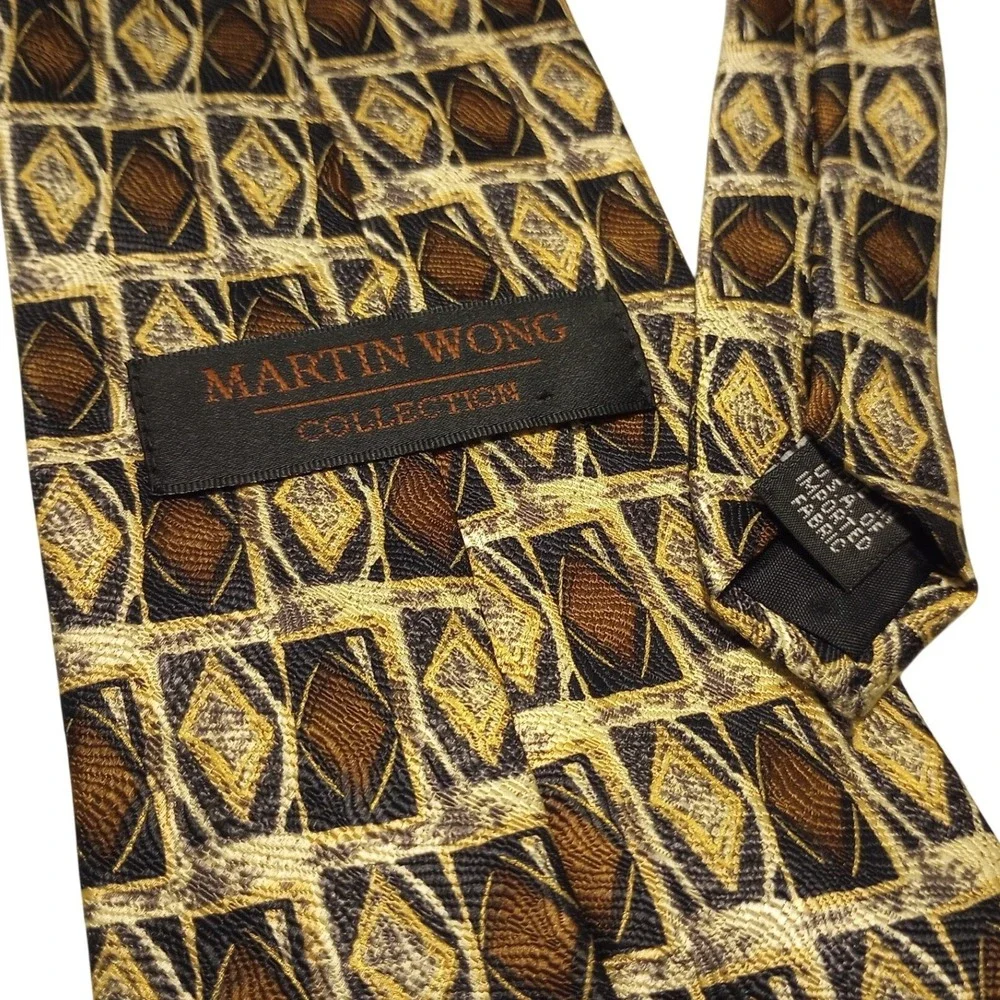 Martin Wong Collection Mens Gold‎ Brown Black Geometric Diamond Pattern Necktie